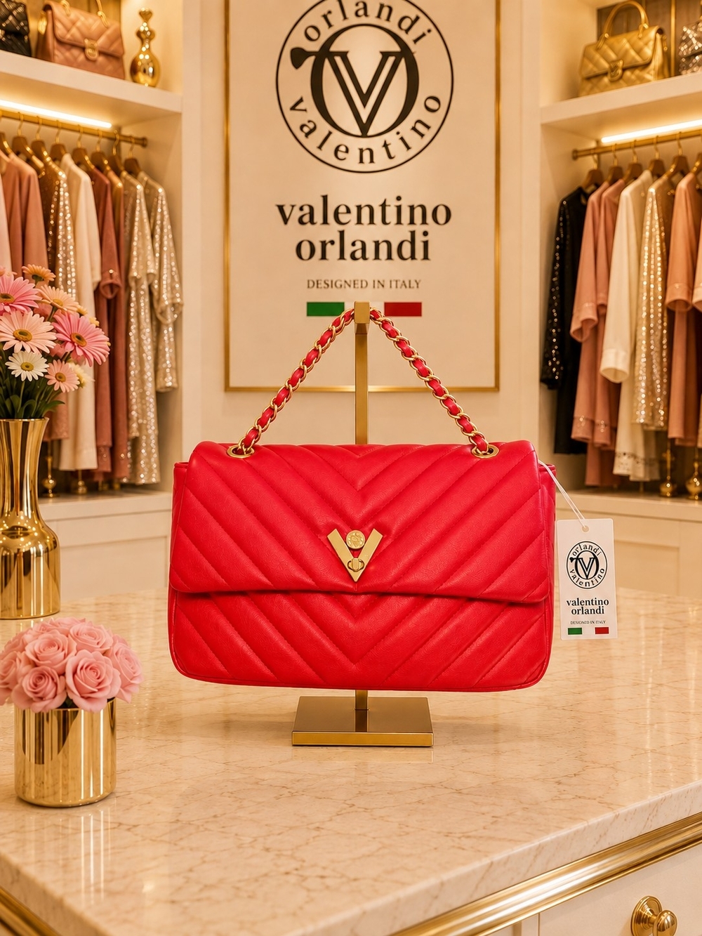 Brand New - Valentino Orlandi Red Quilted Shoulder Bag with Gold Chain Strap